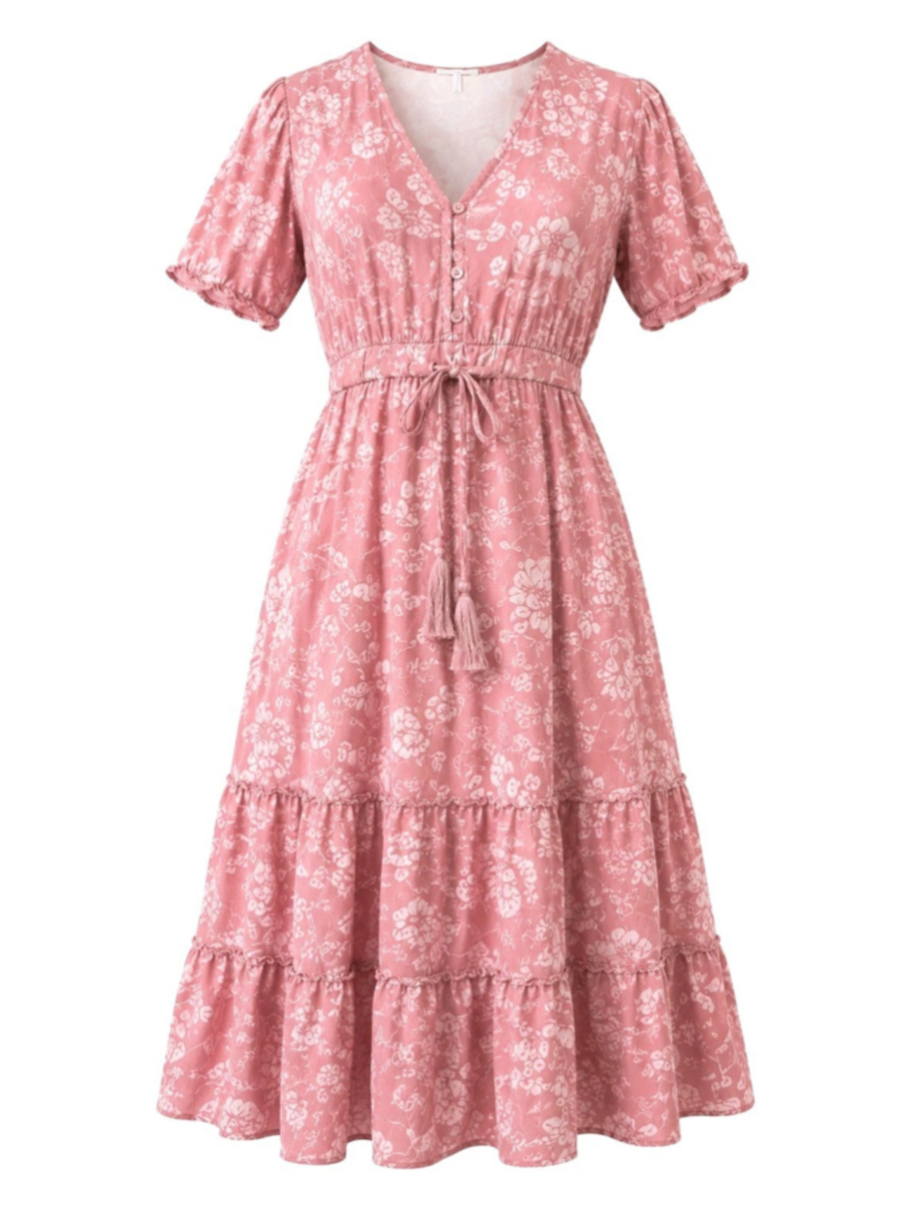 Sunday Mi Amor Pink Floral Rayon Midi Dress Sz S Cottagecore Boho Puff Sleeve